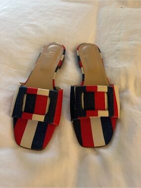 ANN MASHBURN Red, Navy & Cream Striped Slide Sandals with Buckle